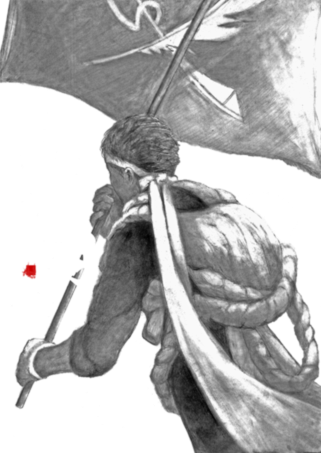 運動会で旗を振っている後ろ姿